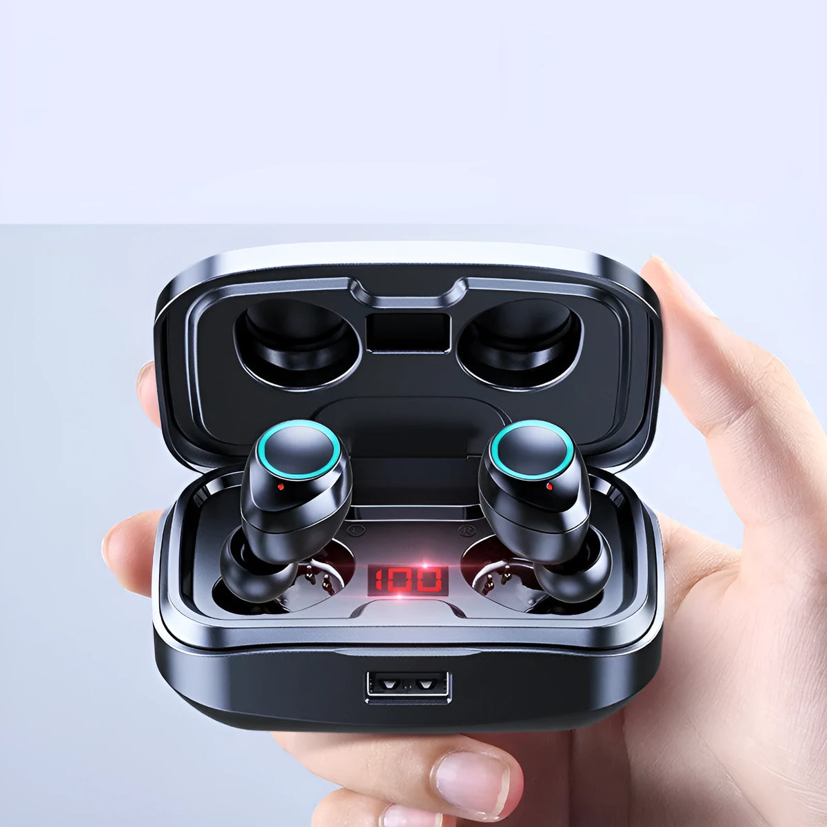 Black wireless Bluetooth in-ear earphones with private mould earplugs on a white background