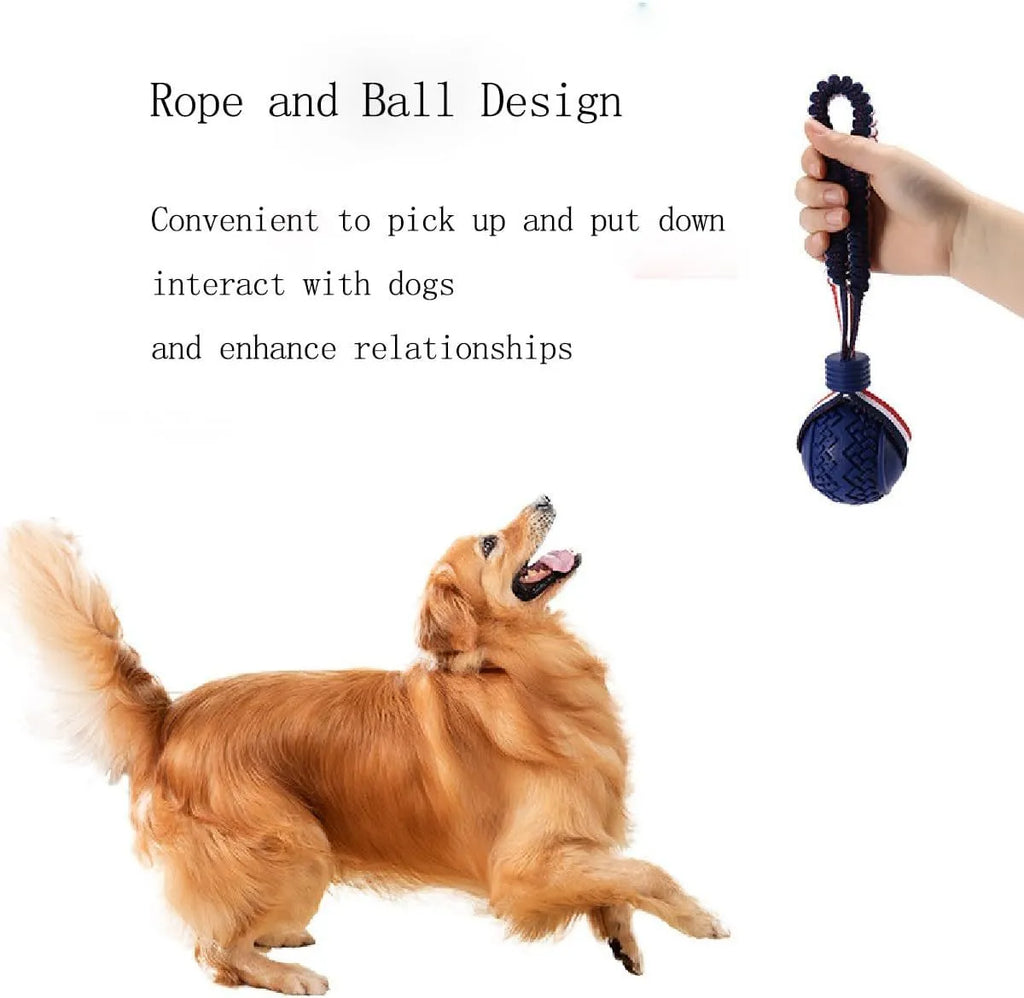 Blue dog ball with rope toy showing natural rubber ball and rope handle for medium and small dogs