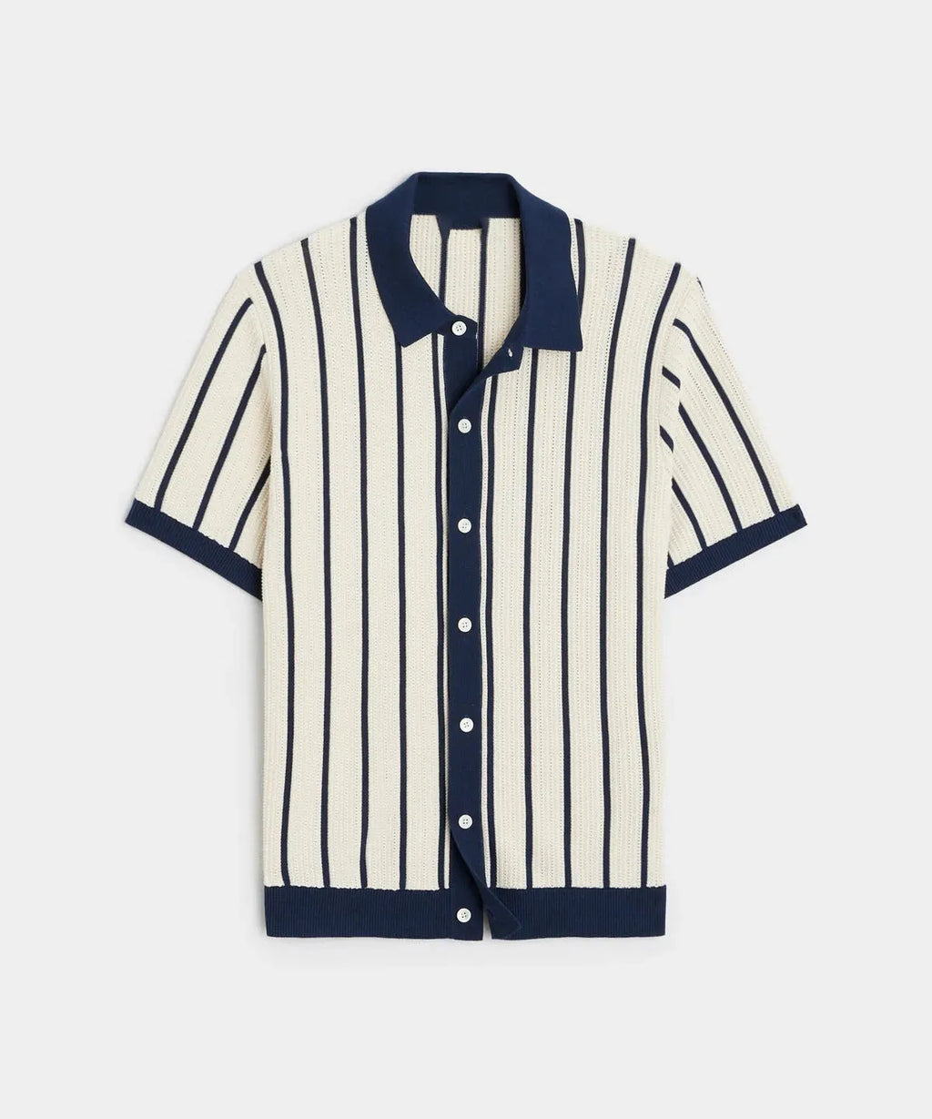 Men's white short sleeve knitted top with asymmetrical lapel collar and stripe pattern