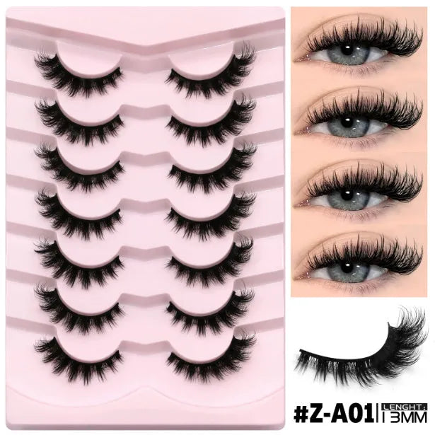 Box of artificial fibre false eyelashes with six style specifications and included glue applicator