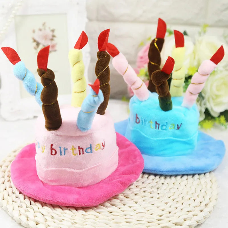 Blue and pink small dog birthday hat toy showing 21cm by 15cm by 6.5cm dimensions