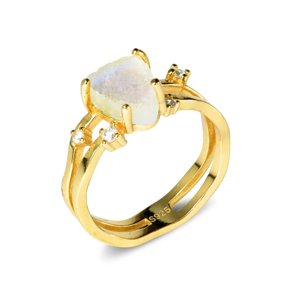 S925 silver geometric ring with triangular moonstone setting in rose gold, white gold or yellow gold finish