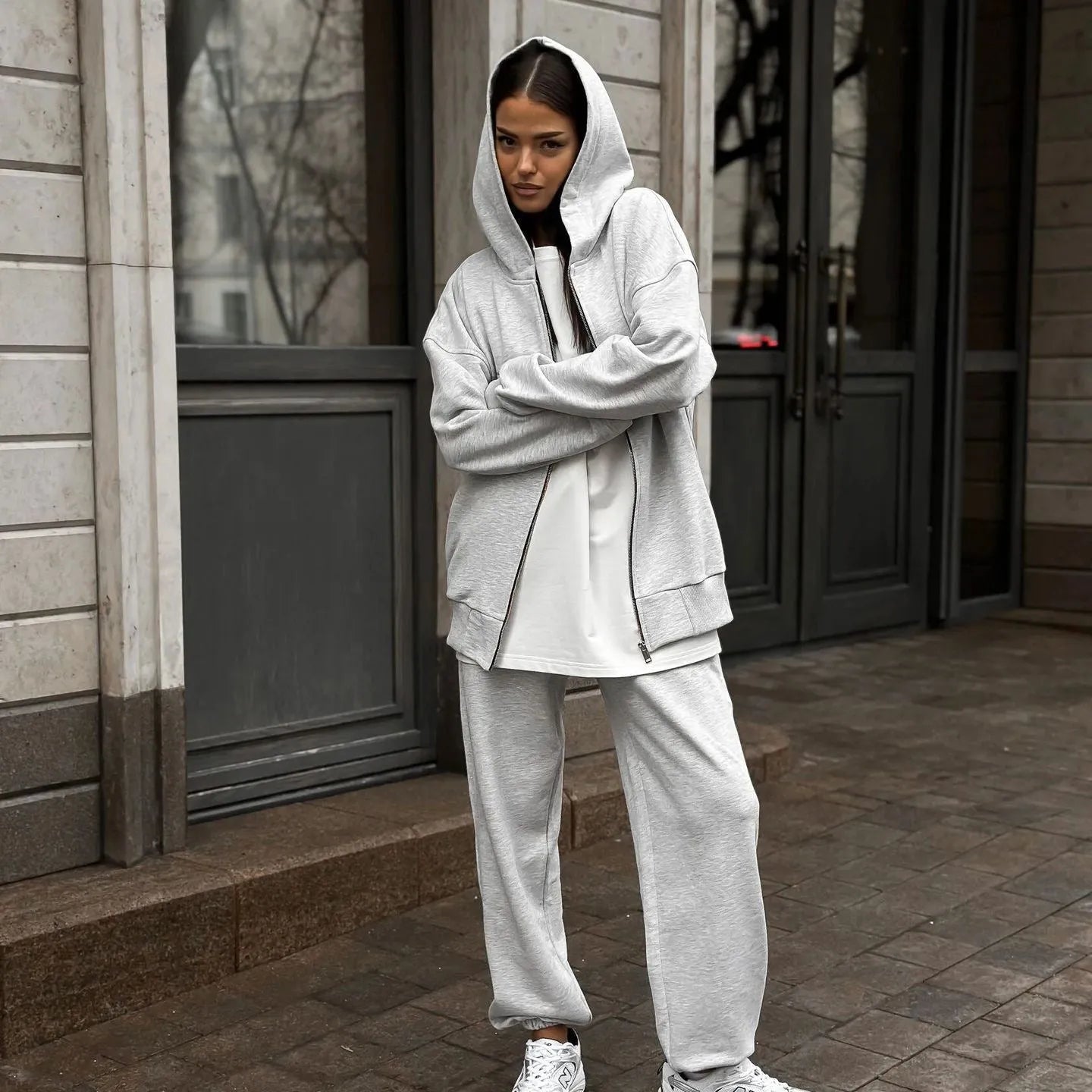 Street style long-sleeved coat and trousers two-piece set in solid colour