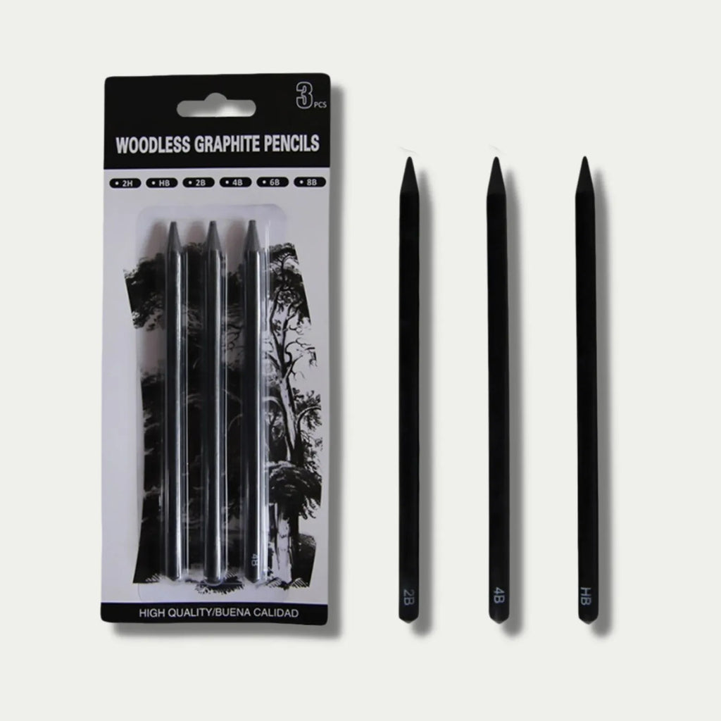 Six graphite sketching pencils with HB, 2B, 4B, 6B, 8B, and EE grades arranged in art set