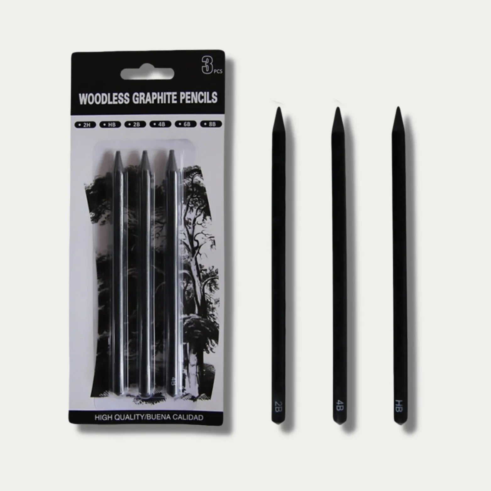Six graphite sketching pencils with HB, 2B, 4B, 6B, 8B, and EE grades arranged in art set