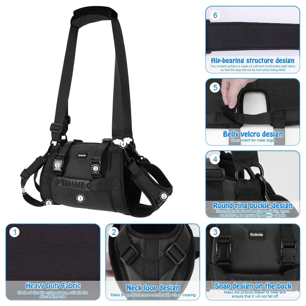 Black oxford cloth dog harness with chest strap and leg support for rehabilitation