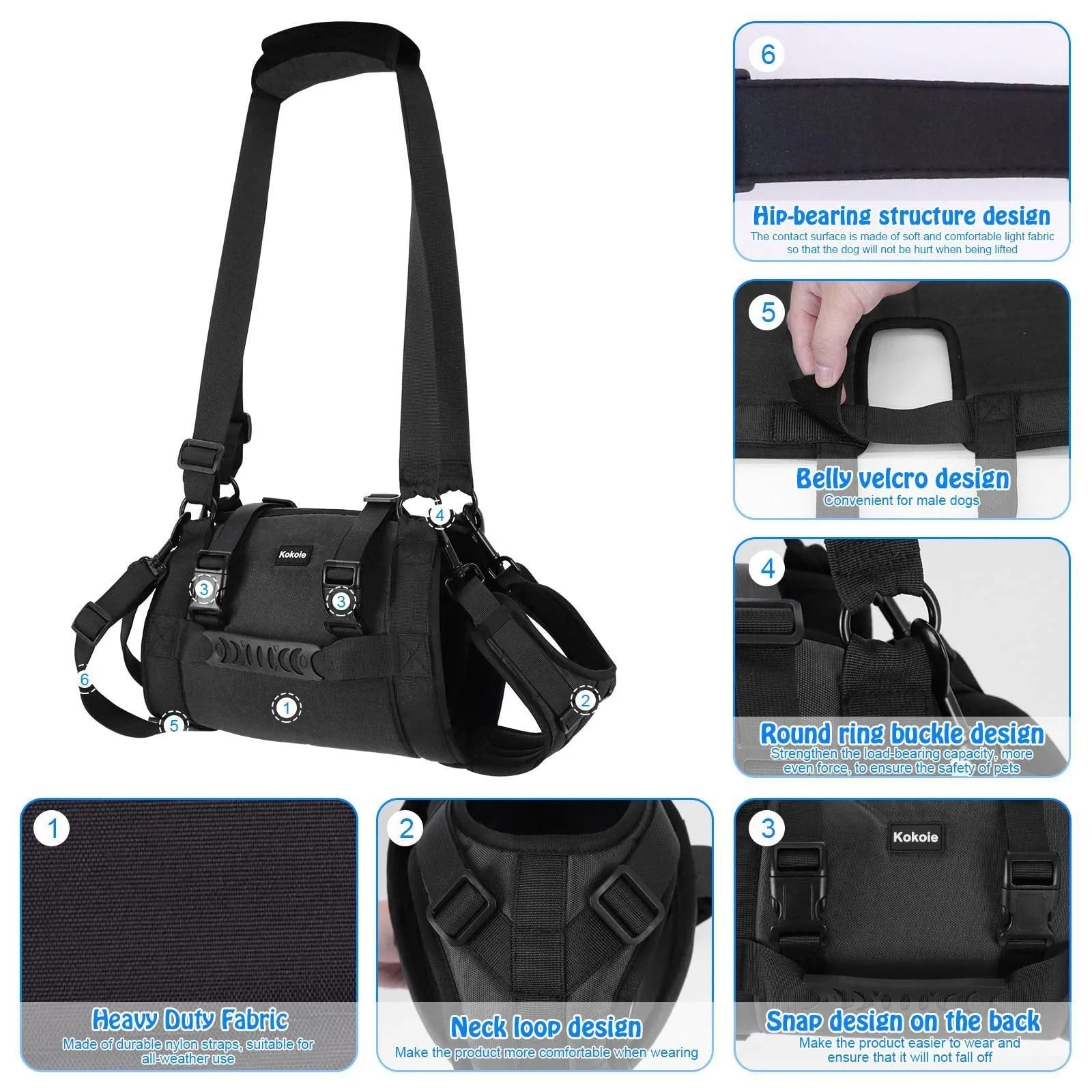 Black oxford cloth dog harness with chest strap and leg support for rehabilitation