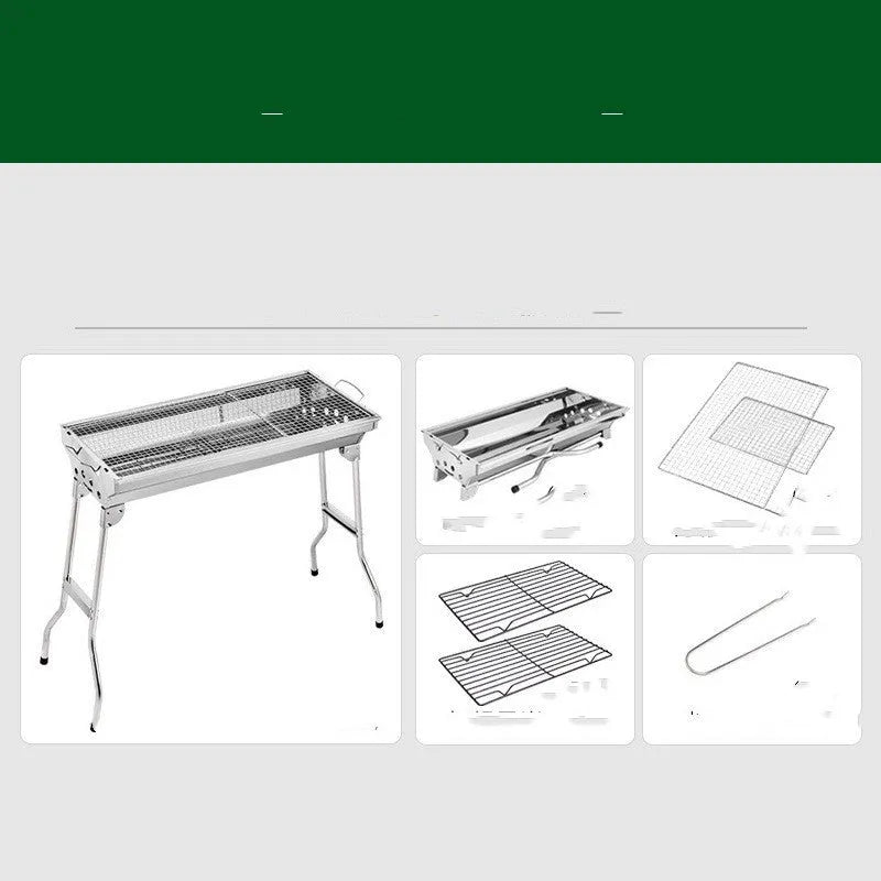 Large stainless steel portable folding barbecue oven set up outdoors.