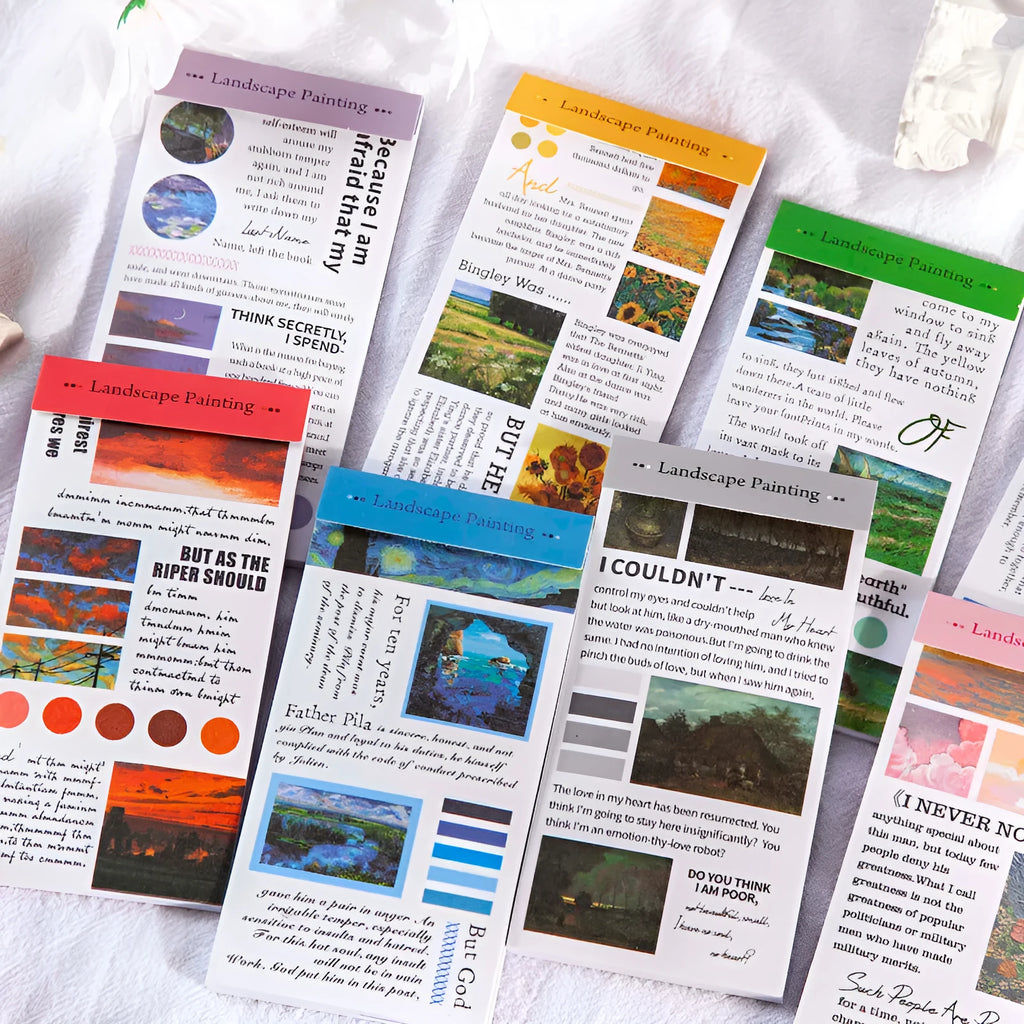 Pack of twenty rectangular paper stickers featuring landscape paintings, sized 60 by 120 millimetres.