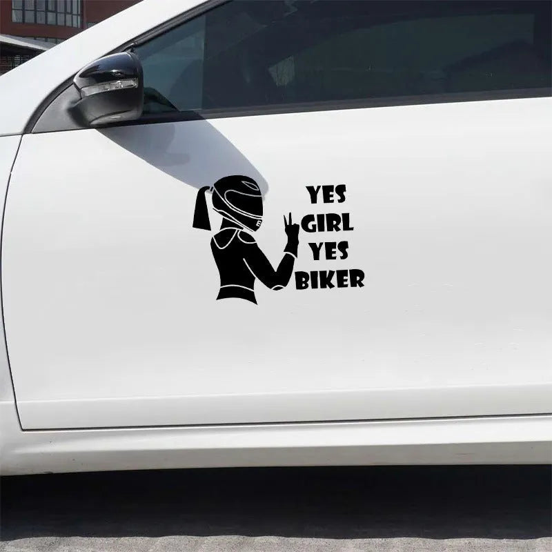 Cool girl rider character design waterproof car sticker on a vehicle panel.