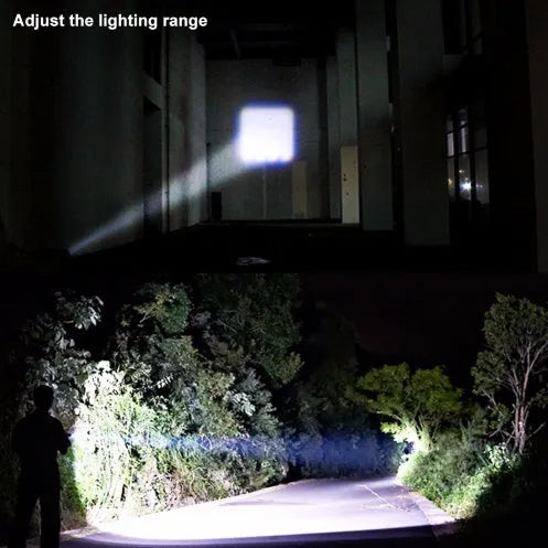 Small black aluminium telescopic LED torch with pocket clip shown extended and retracted.