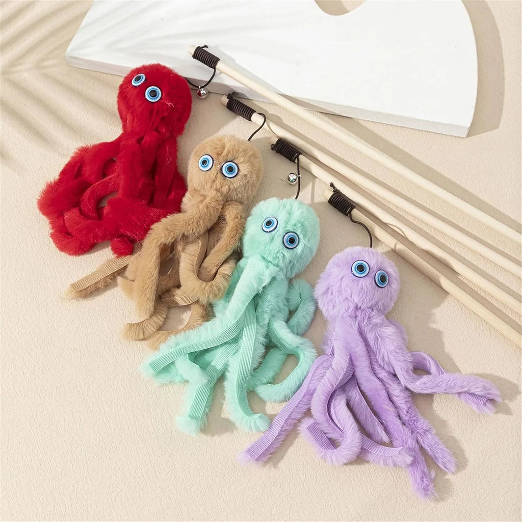 Octopus-themed cat toy with long stick handle and colourful furry texture for indoor kitten play