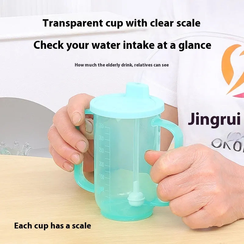 Oblique angled choke-proof drinking cup for elderly bed care with handle and optional wrist splint