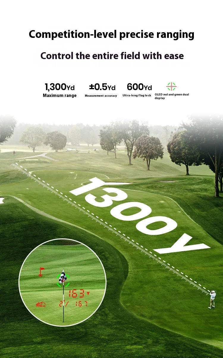 Black GenePro G1 golf laser rangefinder with AMOLED touch screen showing distance measurement.