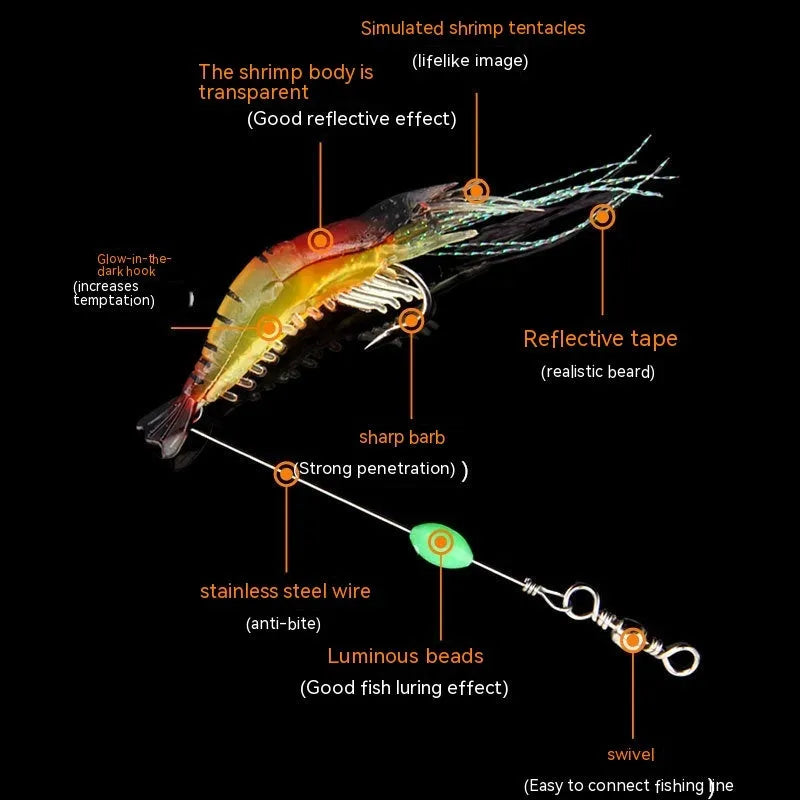 Luer soft plastic fishing lure with integrated hook in six colour variations including luminous and transparent options
