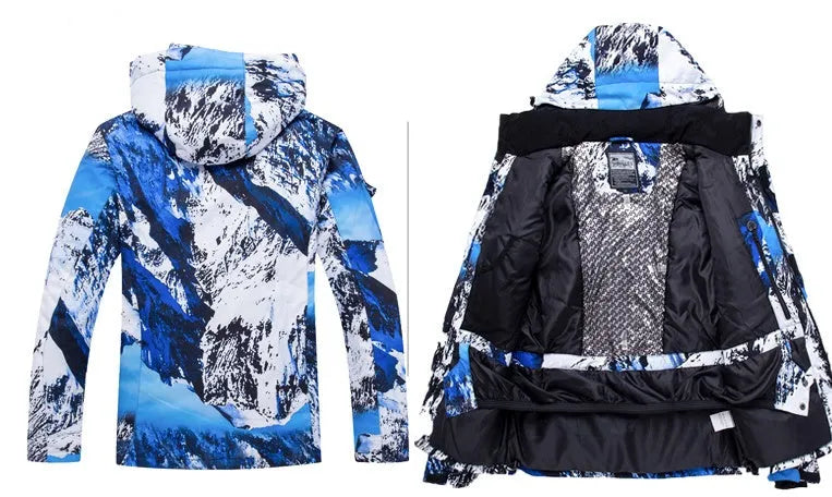 Waterproof ski suit for men and women in blue or red, cotton filler and nylon lining, sizes S to 3XL.