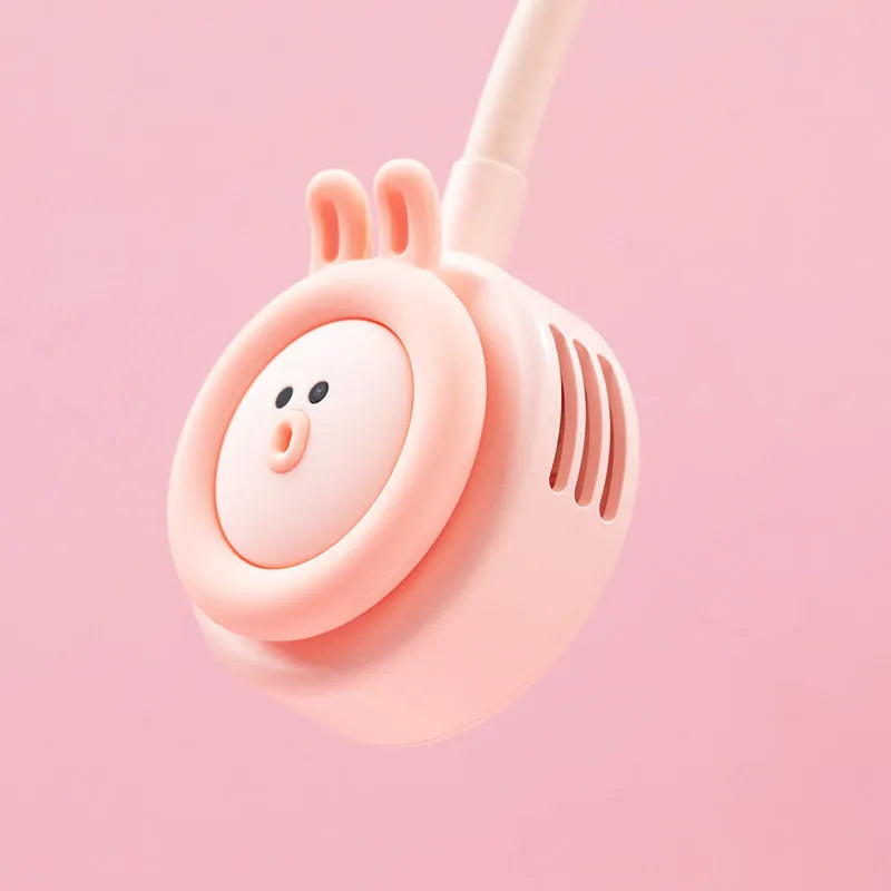 Pink and blue folding leafless hanging neck fan showing compact 195mm design with USB charging port