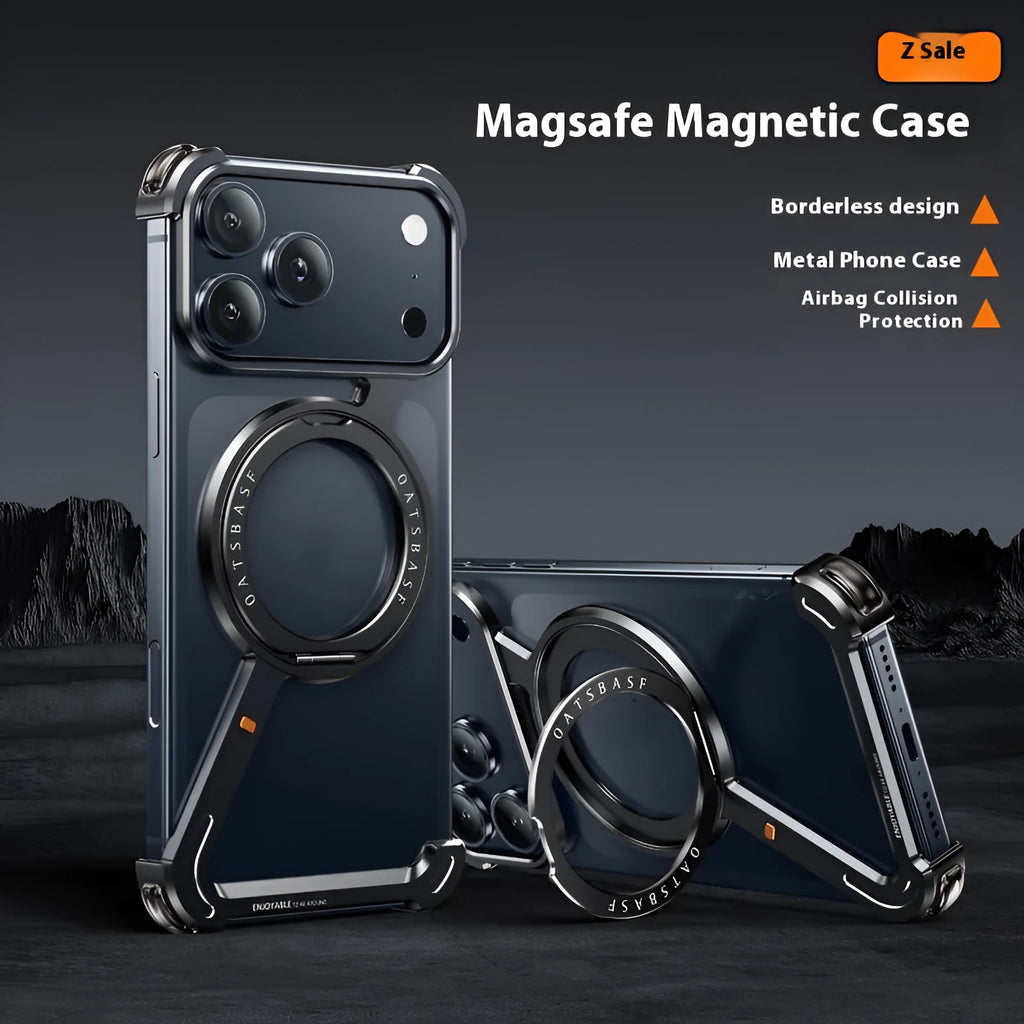 Black metal iPhone 17 Pro Max case with integrated magnetic bracket on back