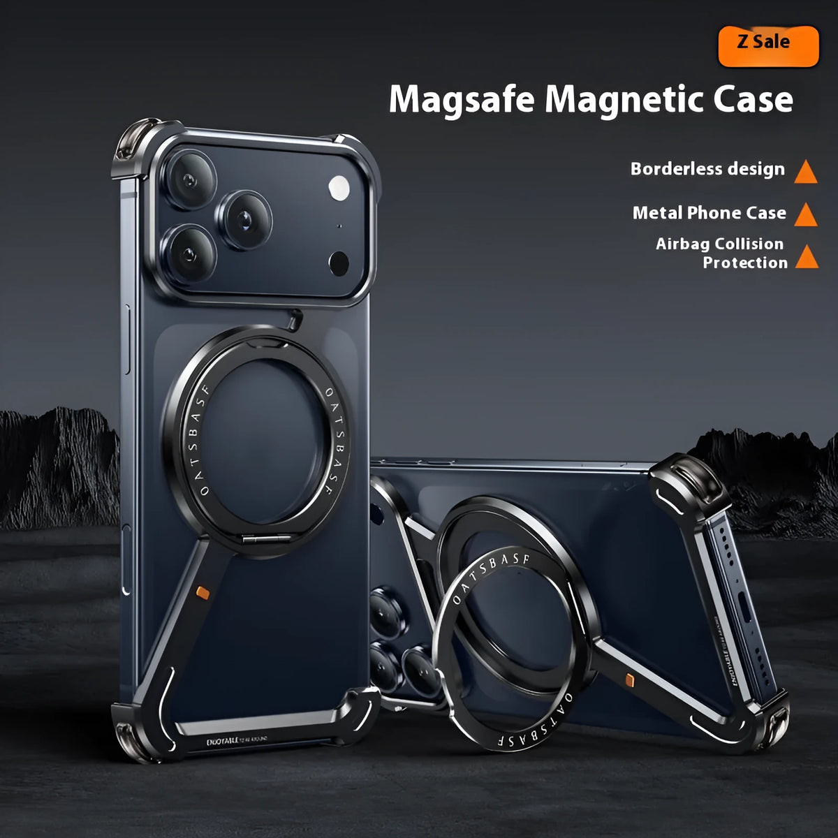 Black metal iPhone 17 Pro Max case with integrated magnetic bracket on back