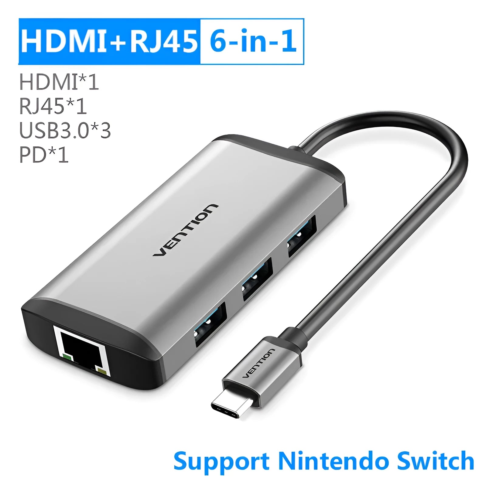 Deep grey USB-C to HDMI, USB 3.0, Ethernet, and card reader hub adapter on a desk