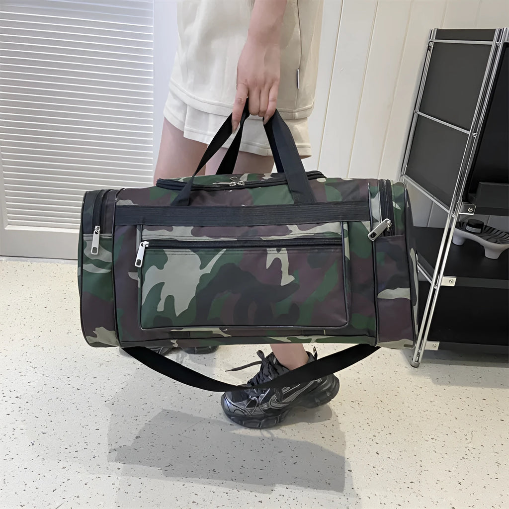 Green camouflage waterproof fabric luggage bag with striped interior lining.