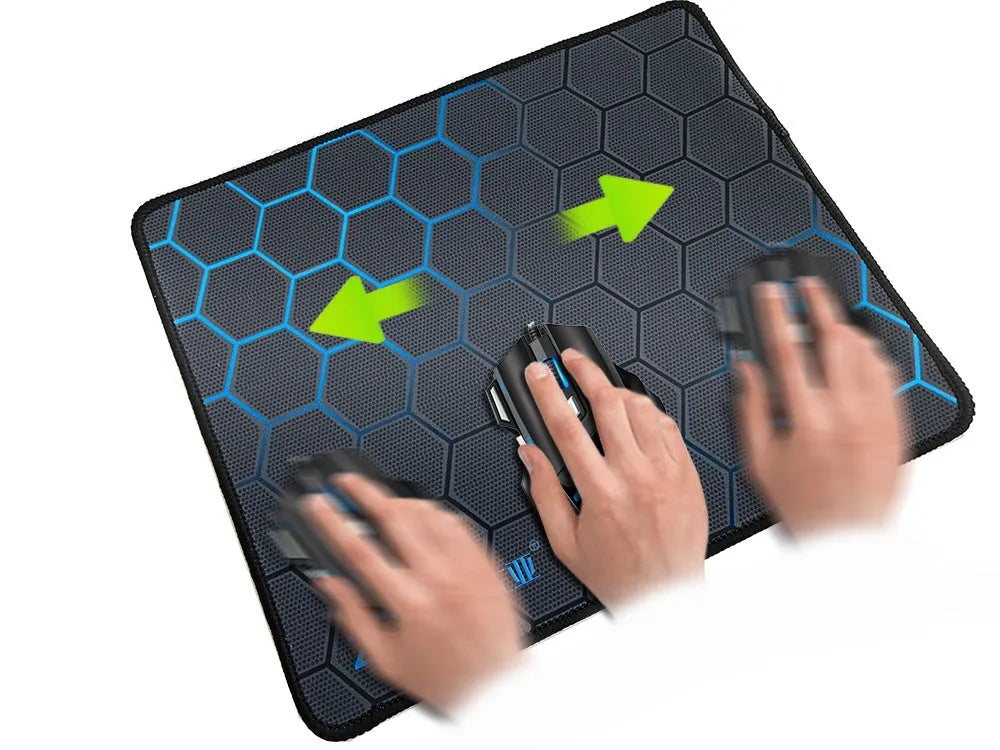 Custom cute cartoon design mouse pad on a desk, showing large size fitting keyboard and mouse.