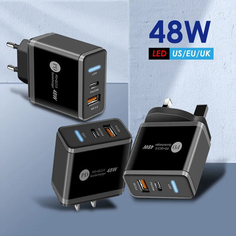 PD48W fast travel charger with UK three-pin plug and white casing