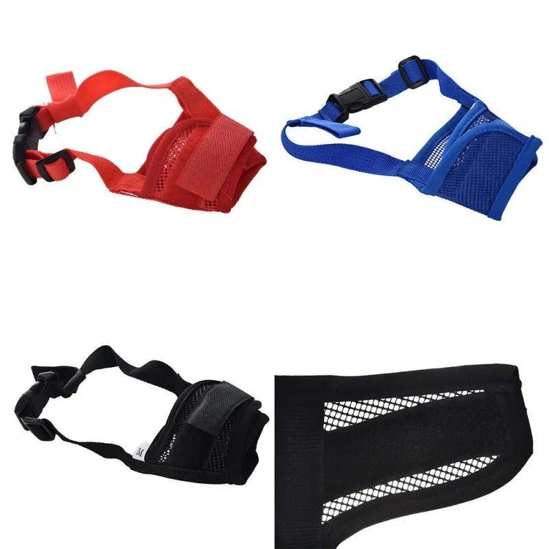 Adjustable plastic dog muzzle in black, blue, pink, purple, or red colours for biting and barking control
