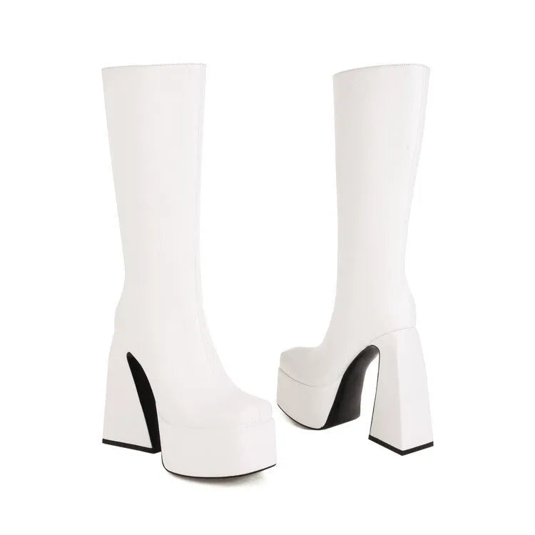 Women's black high boots in artificial PU leather, shown in a casual style
