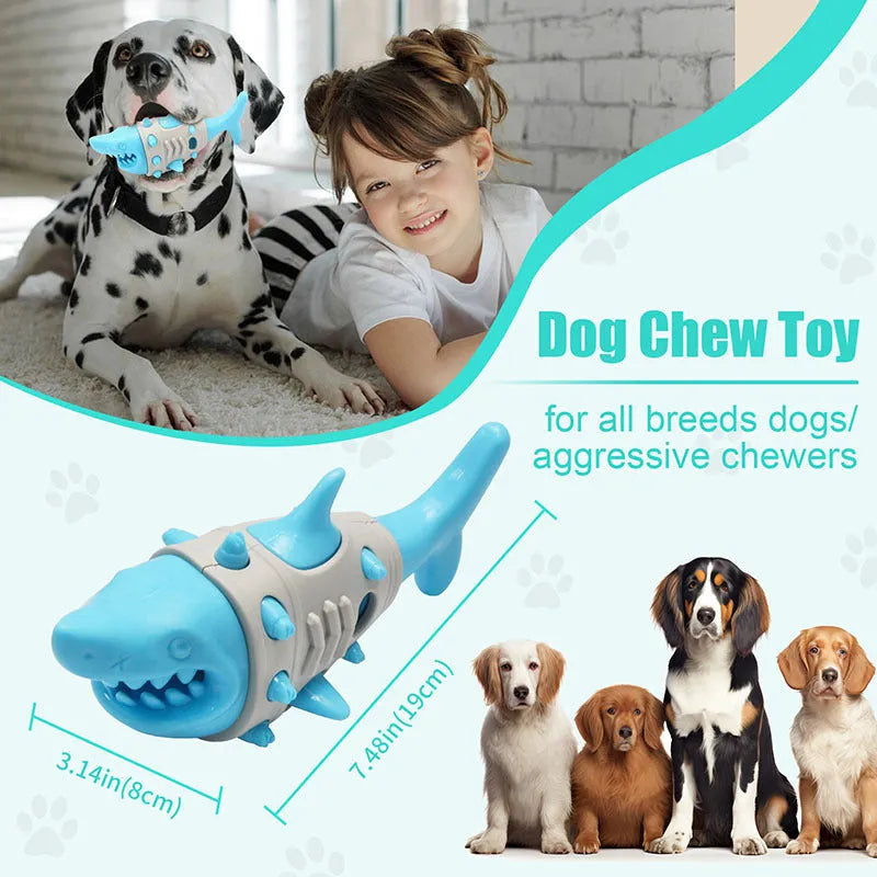 Blue, grey, and yellow dog chew toy with textured shark-tooth nubs and bite-resistant channels.