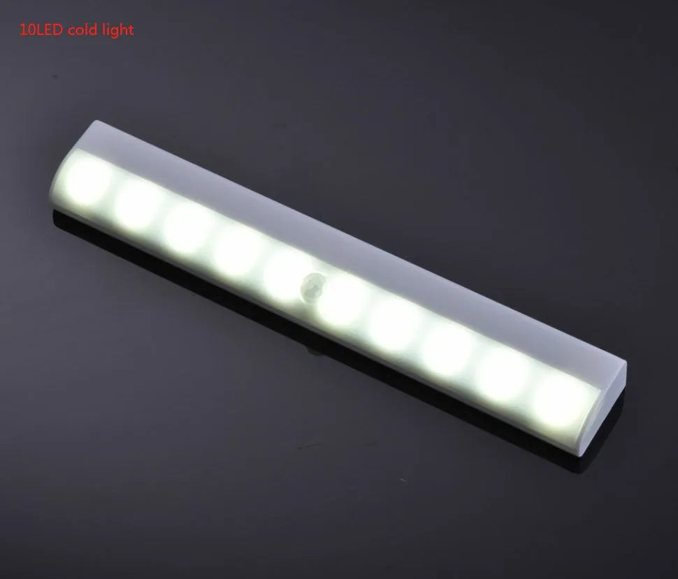 USB rechargeable LED motion sensor strip light with magnetic back, shown illuminating a wardrobe.