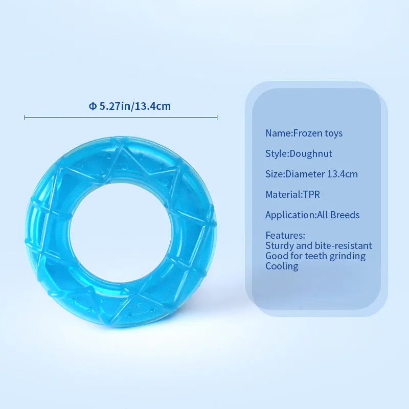 Three water-filled dog cooling toys: pacifier, popsicle and ring shapes for summer heat relief