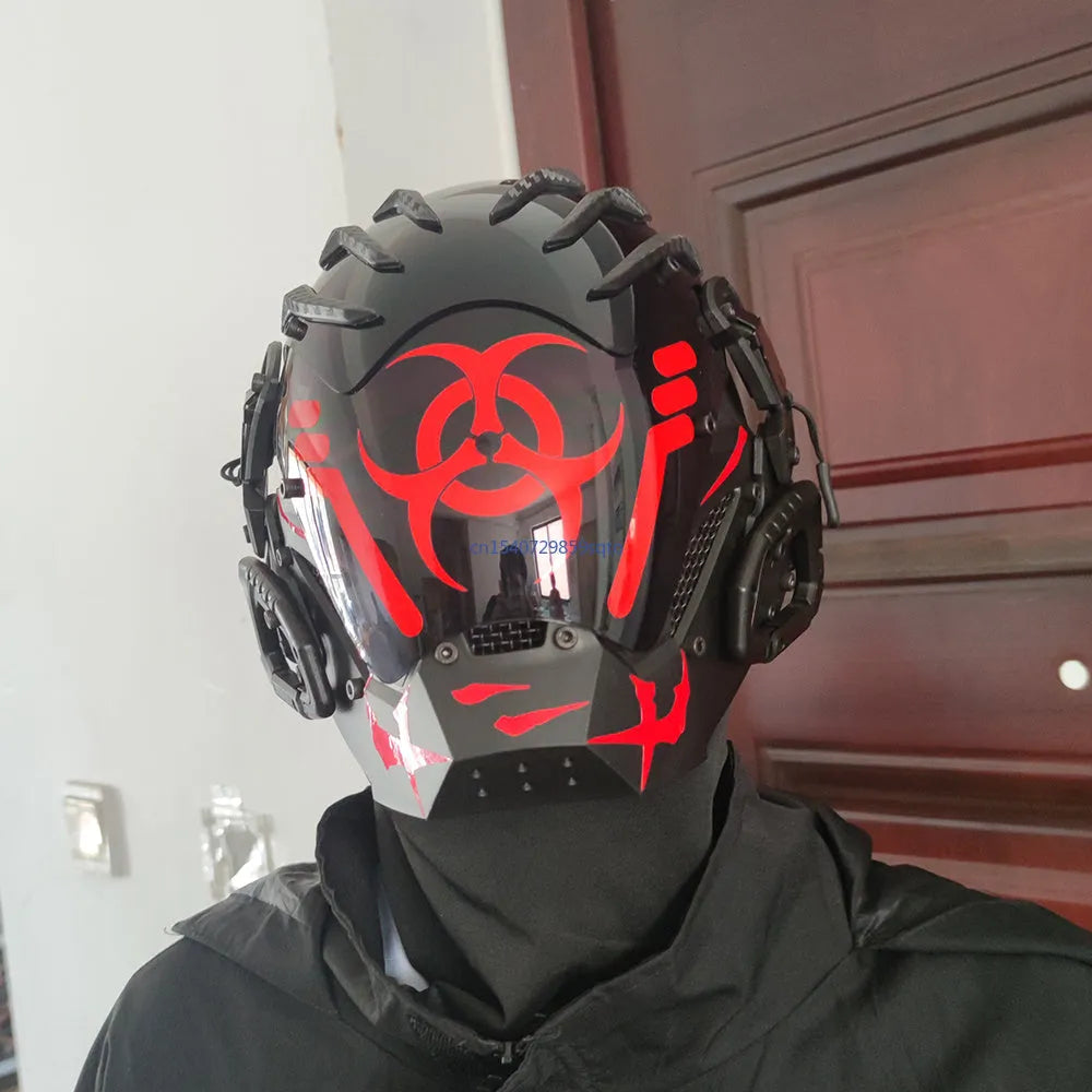 Black full-face cyberpunk costume prop mask with tech design on a mannequin head.