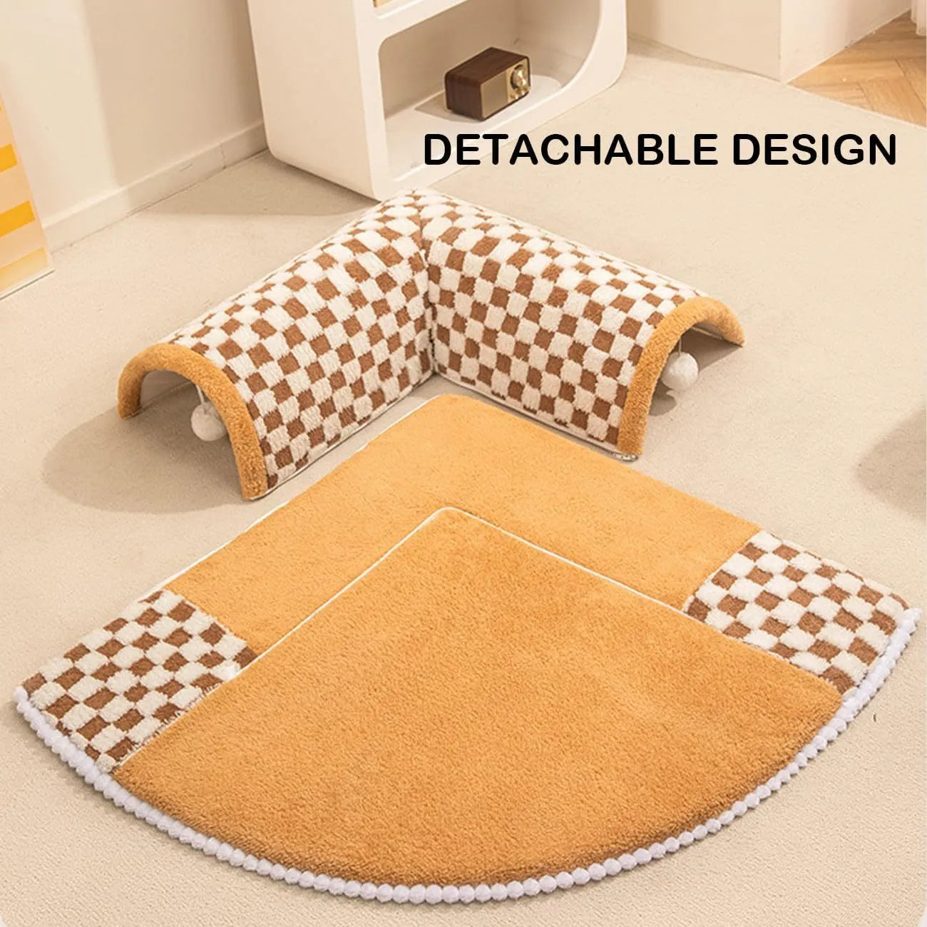 A coffee-coloured plush fan-shaped pet bed with an attached tunnel for cats and dogs.