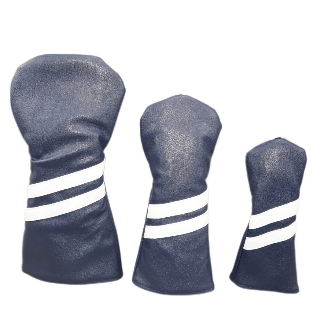 Two stripe golf club head cover sleeve for woods in blue, showing elastic PU material.