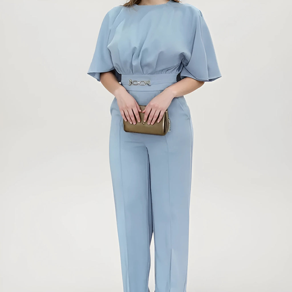 Blue polyester men's suit set with long sleeve jacket and matching trousers