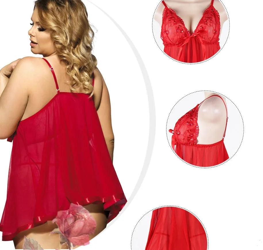 Plus size women's sleepdress with mesh panels and lace detailing in black, available in sizes up to 6XL