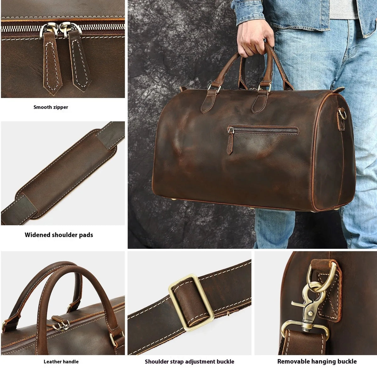 Men's vintage leather crossbody bag in brown with polyester cotton lining