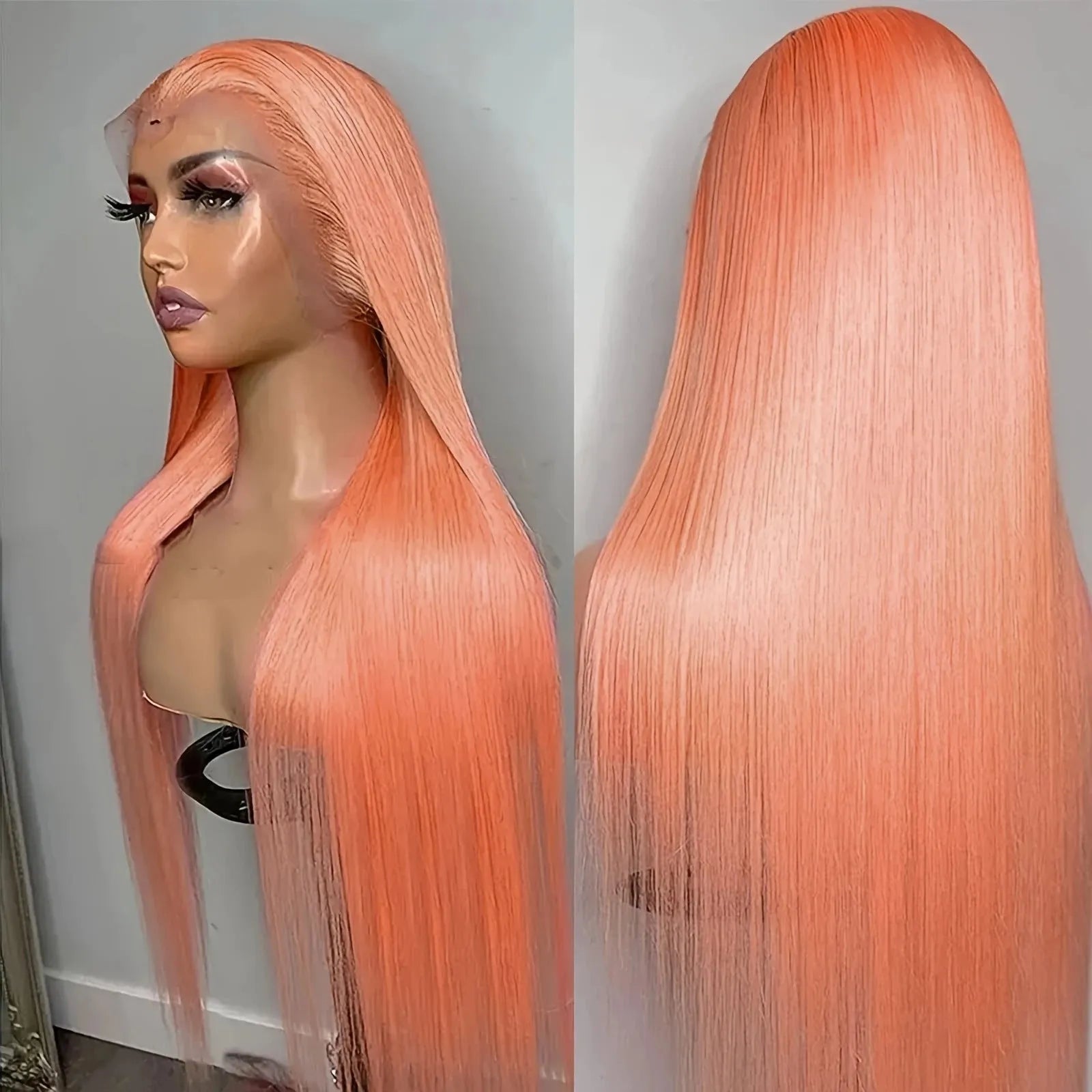 Light orange long straight front lace synthetic wig with side bangs, shown on a wig stand.