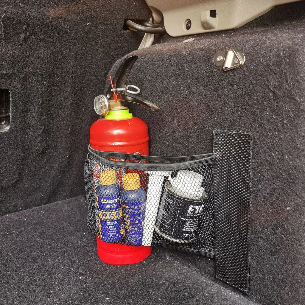 Elastic polyester mesh car boot storage net shown in a vehicle trunk.