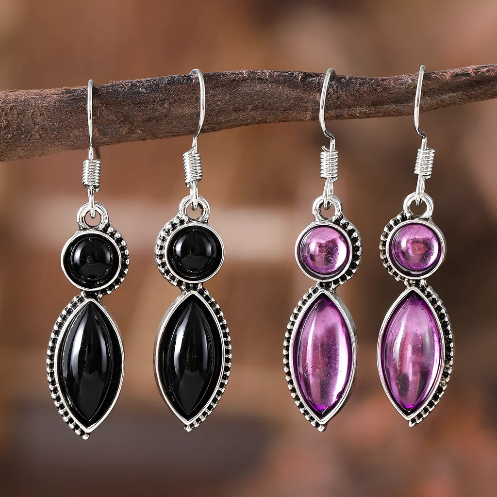 Vintage geometric Bohemian pendant earrings with black and purple colour