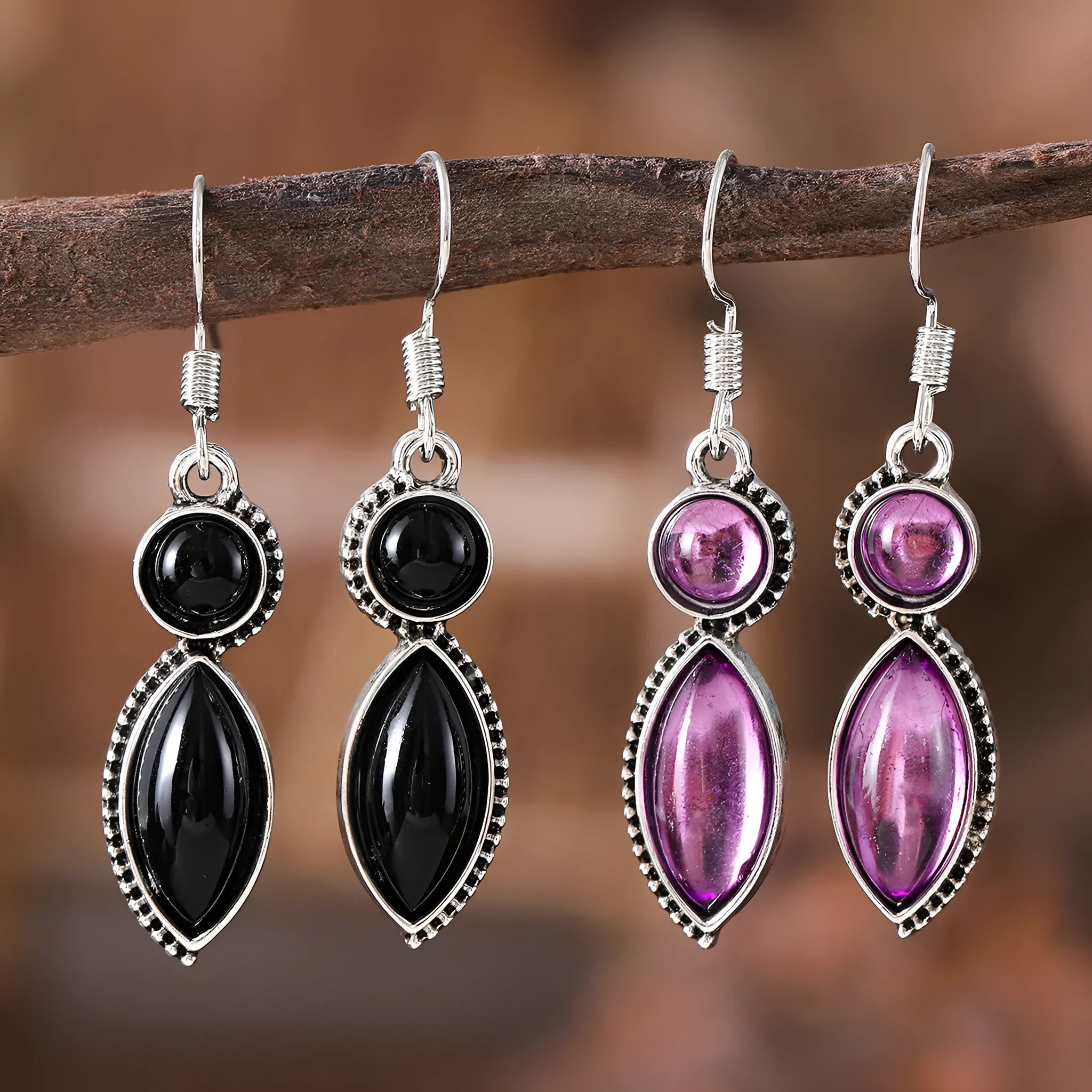 Vintage geometric Bohemian pendant earrings with black and purple colour