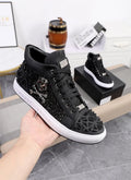 Men's black high top leather skeleton shoes with lace-up front and rubber sole