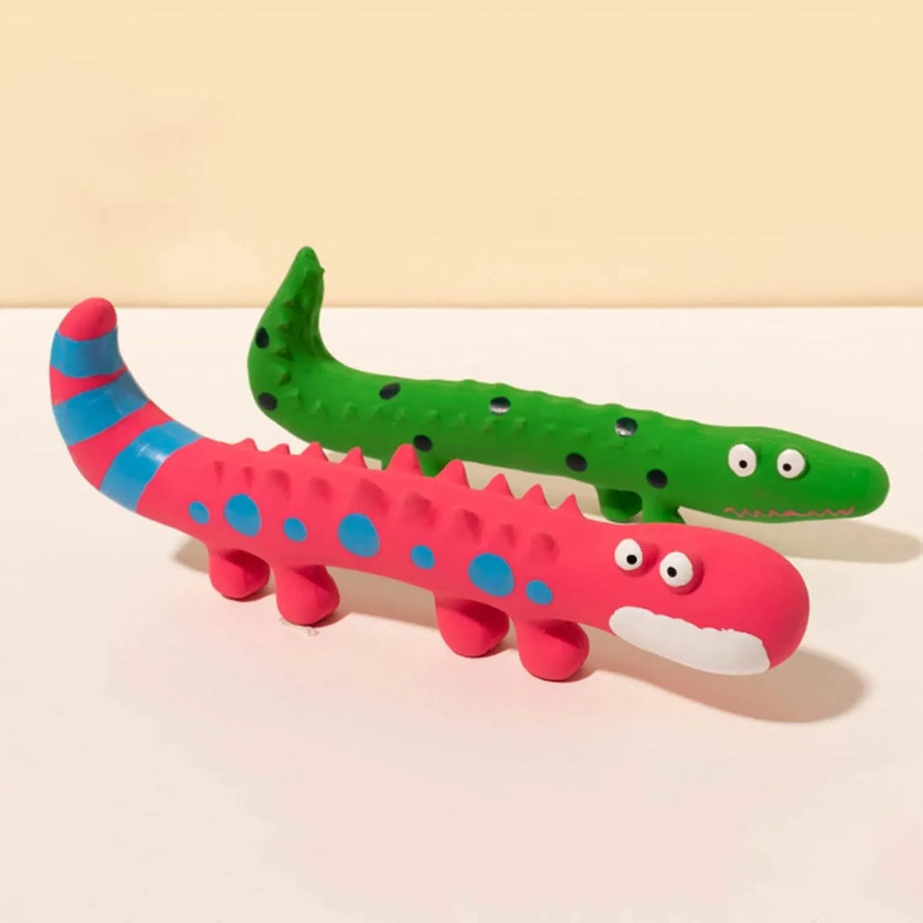 Green lizard-shaped dog chew toy with squeaker for aggressive chewers