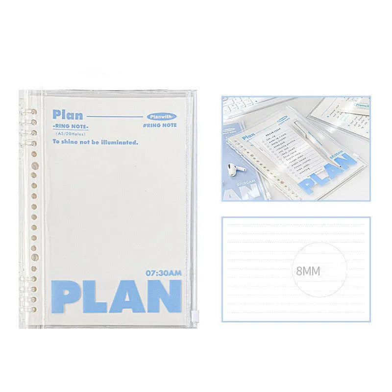 Clear A5 PVC spiral binder organiser for loose papers, shown in blue and white colour options.