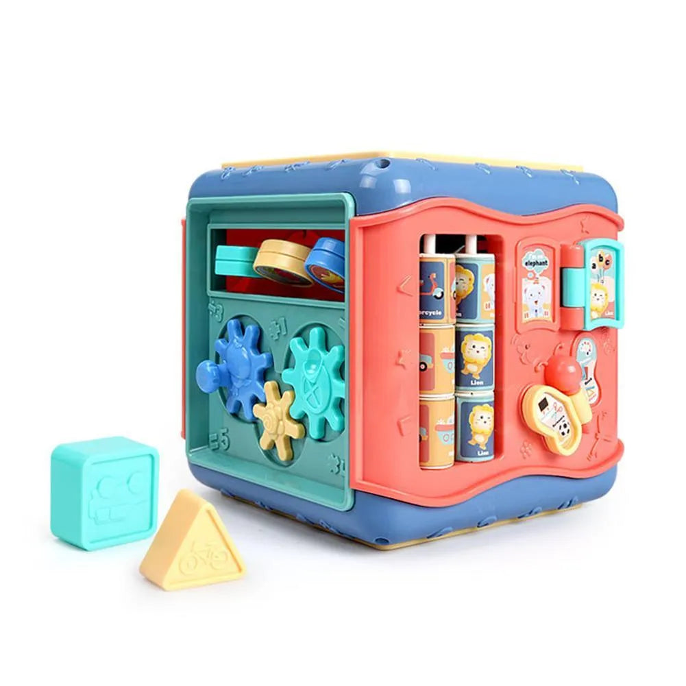 Colourful baby educational hexahedron cube with bead maze, gears, and clock for toddler learning