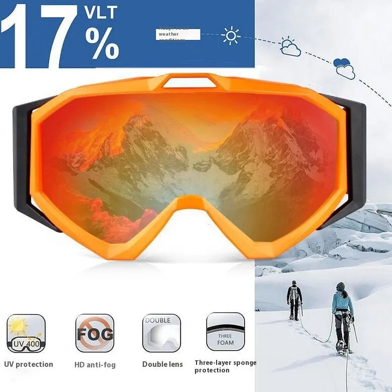 Motorcycle goggles with double-layer anti-fog lenses in a selection of frame and lens colour combinations.
