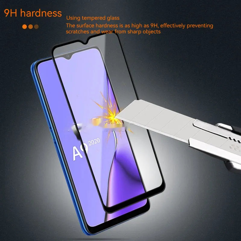 OPPO A9 2020 full screen tempered glass protector with black colour and full glue adhesive