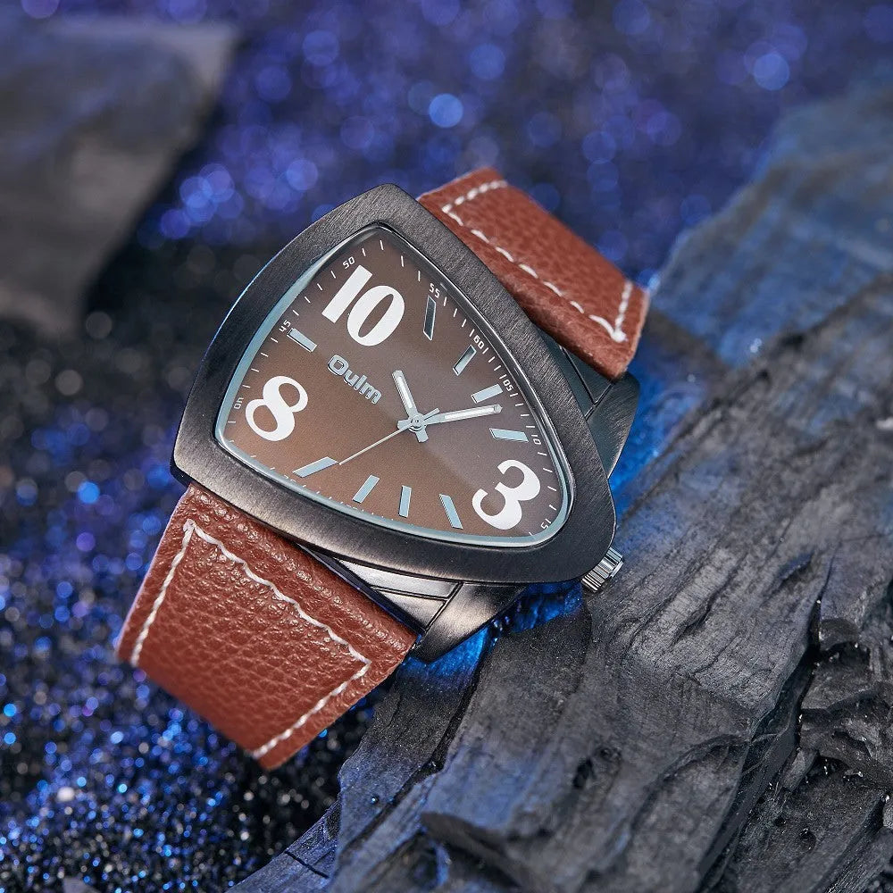 Men's casual triangle belt quartz watch with leather strap in brown colour option