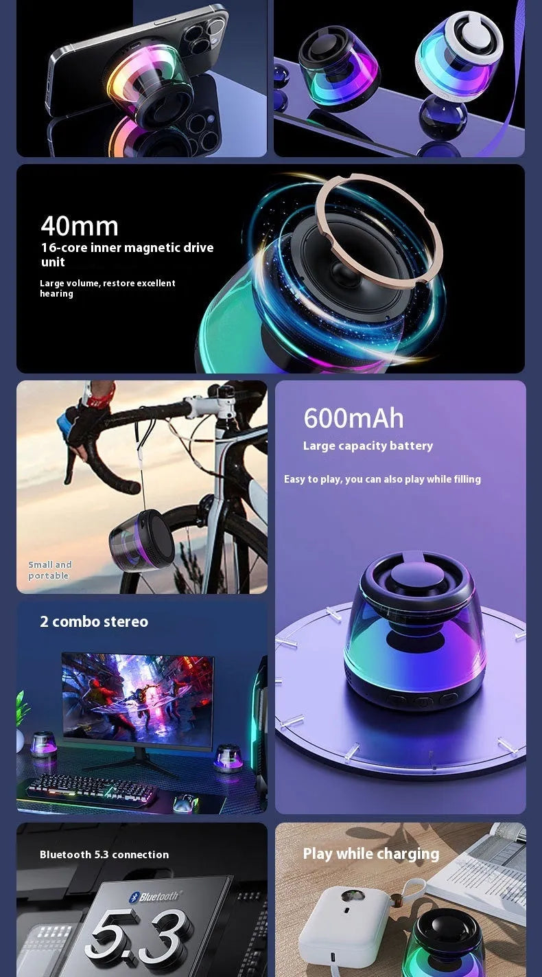 Portable wireless Bluetooth speaker with magnetic base and ambient LED light in black or white colour options
